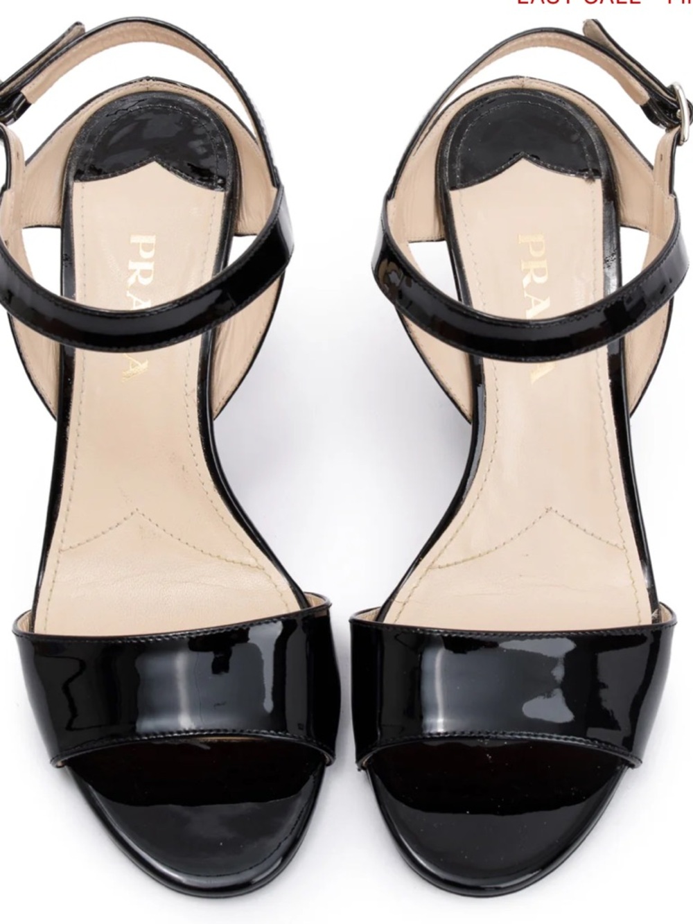 Prada Black Patent Open-Toe Ankle Strap Wedge Sandals Size 39.5